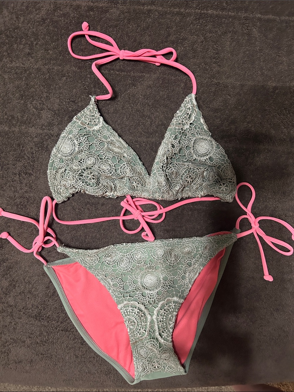 Xhilaration Pink and Sage Green Lace Triangle Bikini